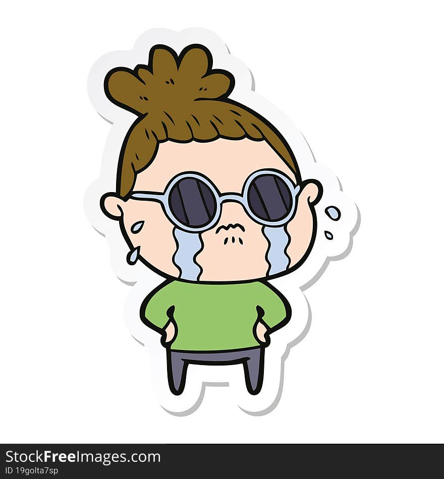 sticker of a cartoon crying woman wearing sunglasses