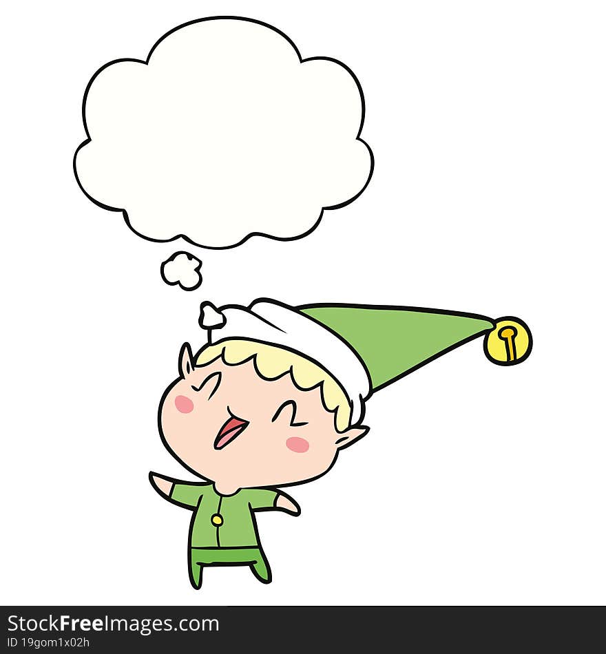 cartoon happy christmas elf and thought bubble