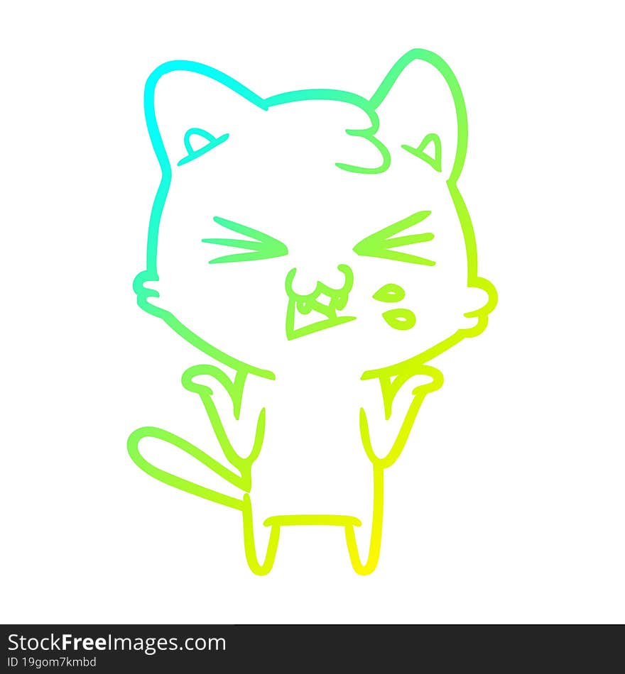 cold gradient line drawing of a cartoon cat hissing