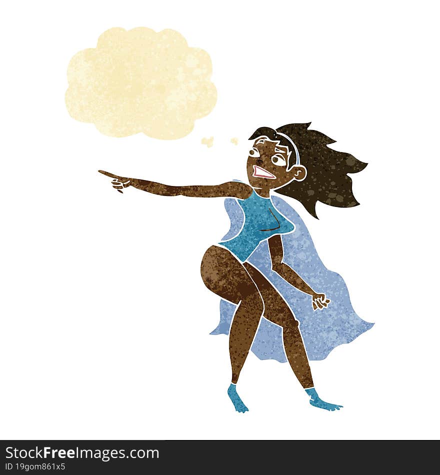 Cartoon Superhero Woman Pointing With Thought Bubble