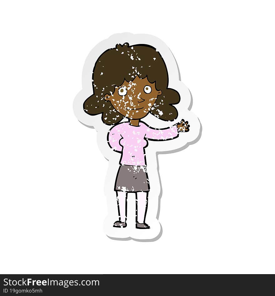 Retro Distressed Sticker Of A Cartoon Friendly Woman