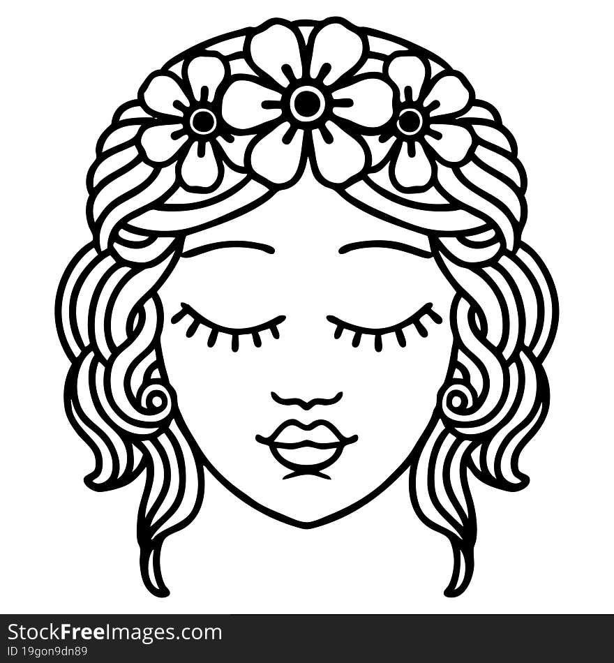 black line tattoo of a maidens face