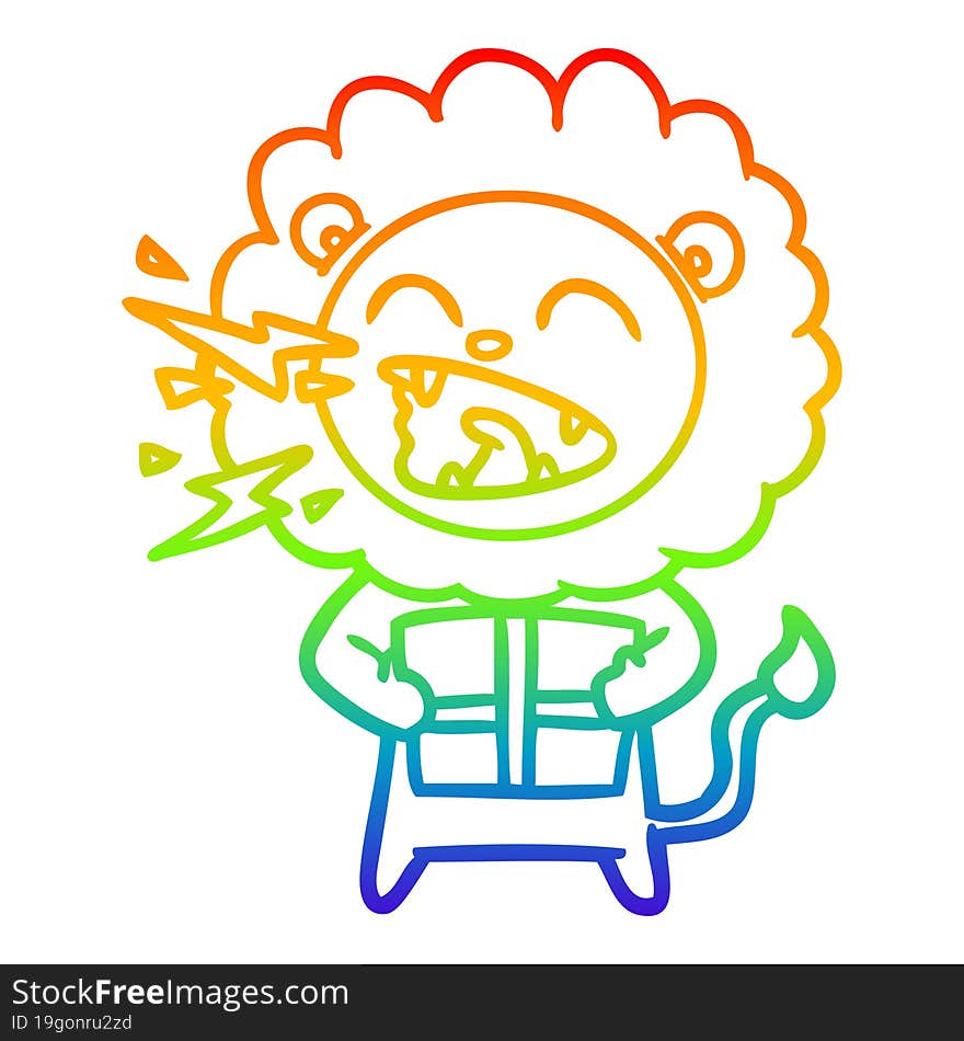 rainbow gradient line drawing cartoon roaring lion with gift