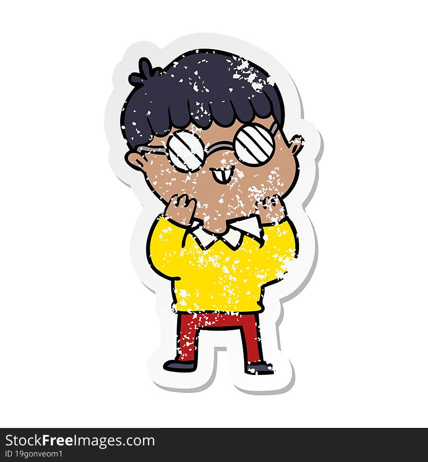 distressed sticker of a cartoon boy wearing spectacles