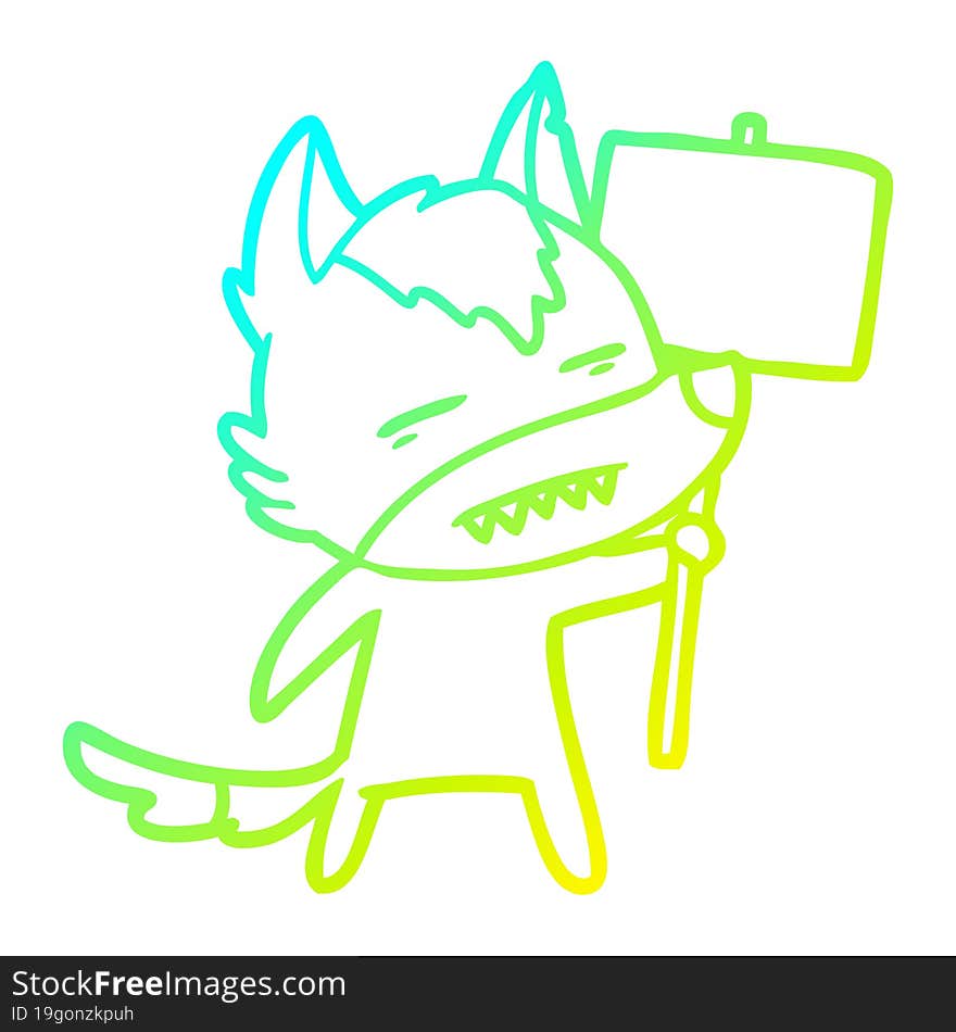 cold gradient line drawing cartoon wolf with sign post showing teeth