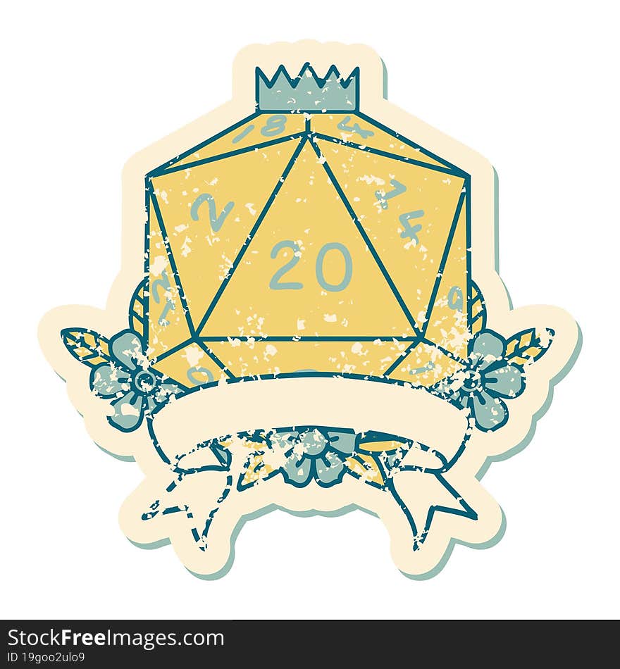 Retro Tattoo Style natural 20 critical hit D20 dice roll. Retro Tattoo Style natural 20 critical hit D20 dice roll