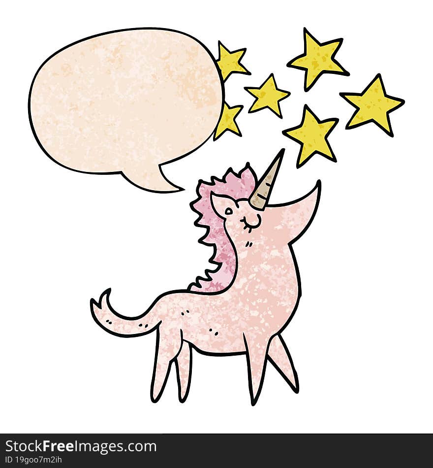 Cartoon Unicorn And Speech Bubble In Retro Texture Style