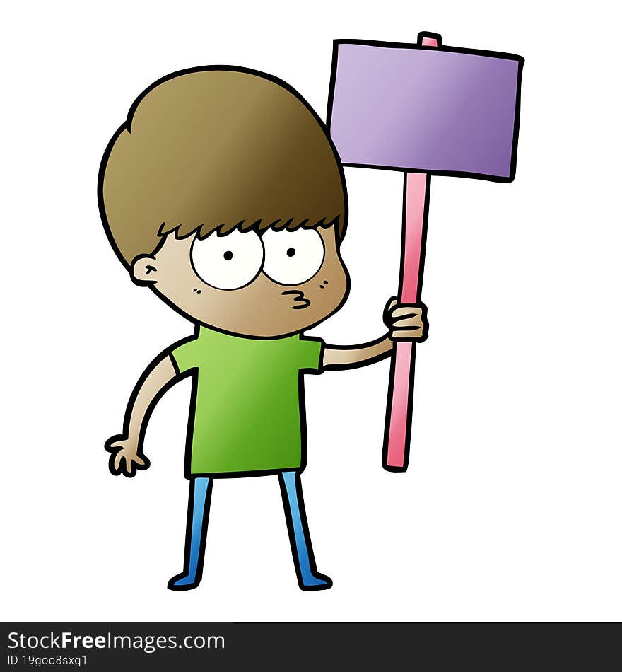 nervous cartoon boy holding placard. nervous cartoon boy holding placard