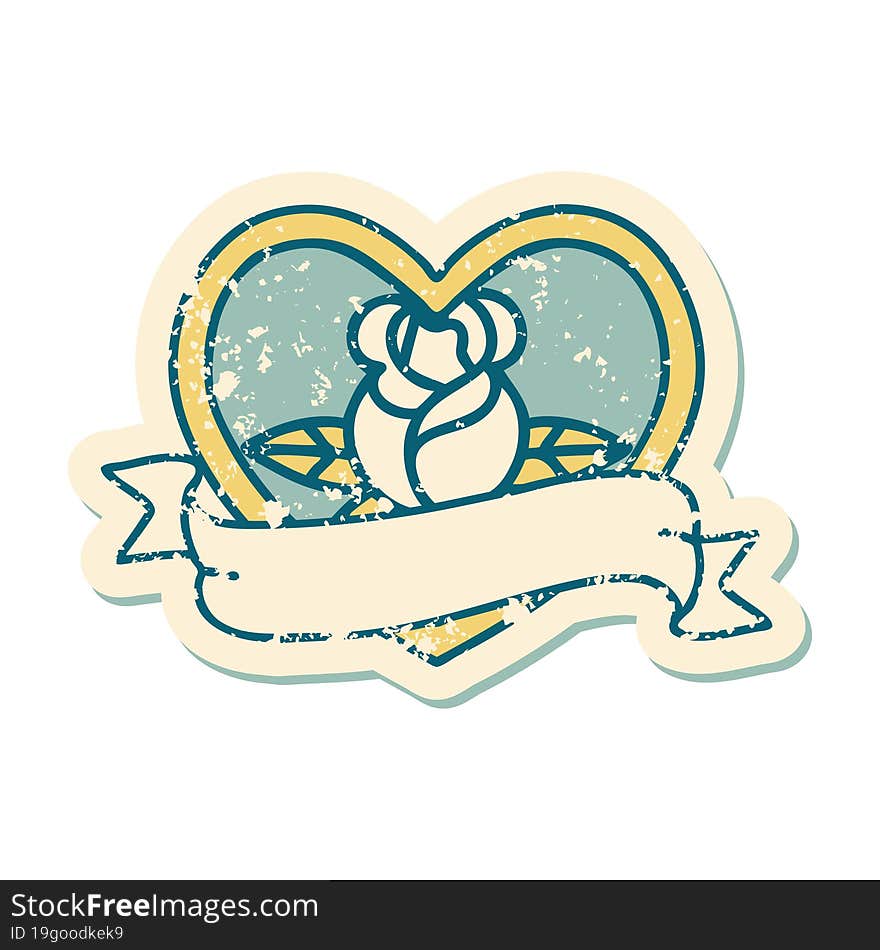 distressed sticker tattoo style icon of a heart rose and banner