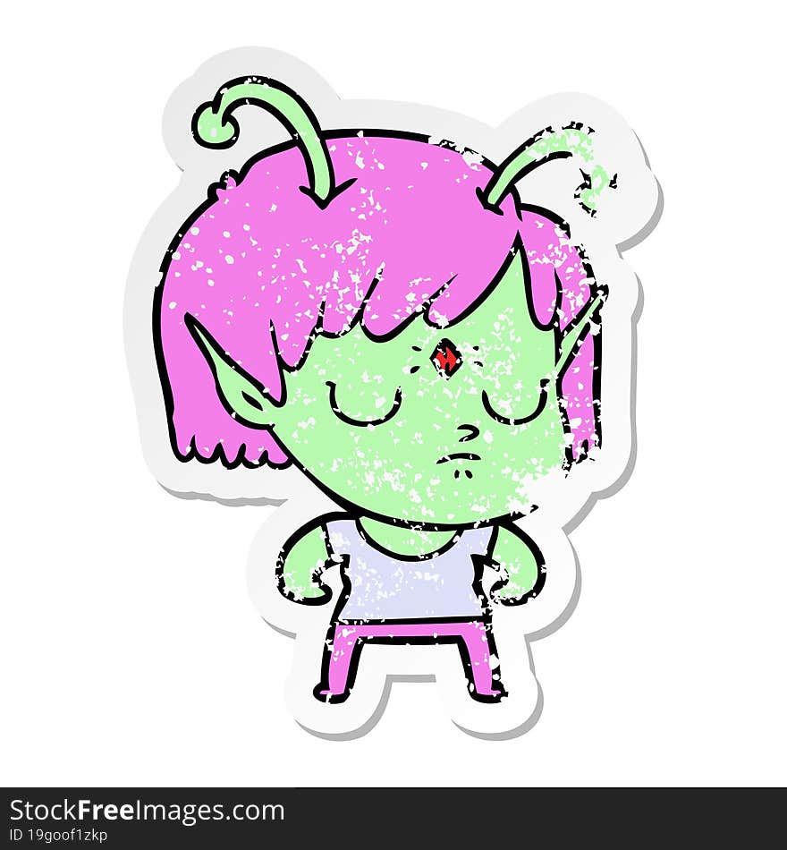 distressed sticker of a cartoon alien girl