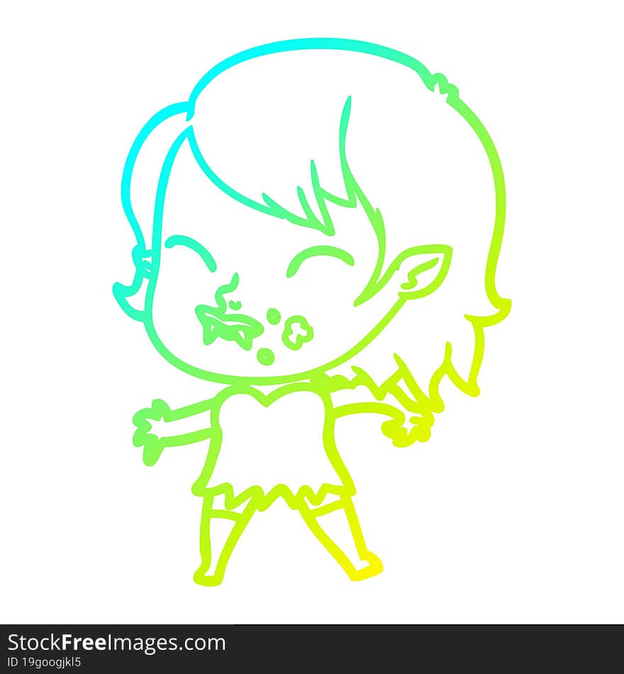 cold gradient line drawing cartoon vampire girl with blood on cheek