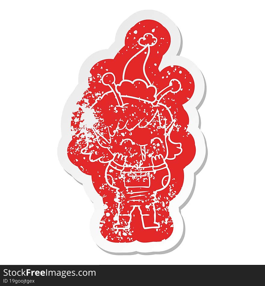 cartoon distressed sticker of a alien girl giggling wearing santa hat