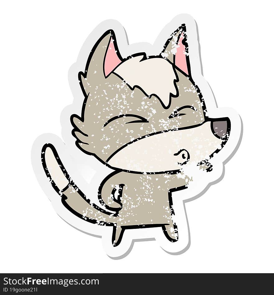 distressed sticker of a cartoon wolf pouting