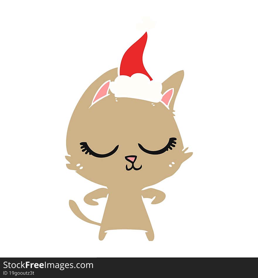 Calm Flat Color Illustration Of A Cat Wearing Santa Hat