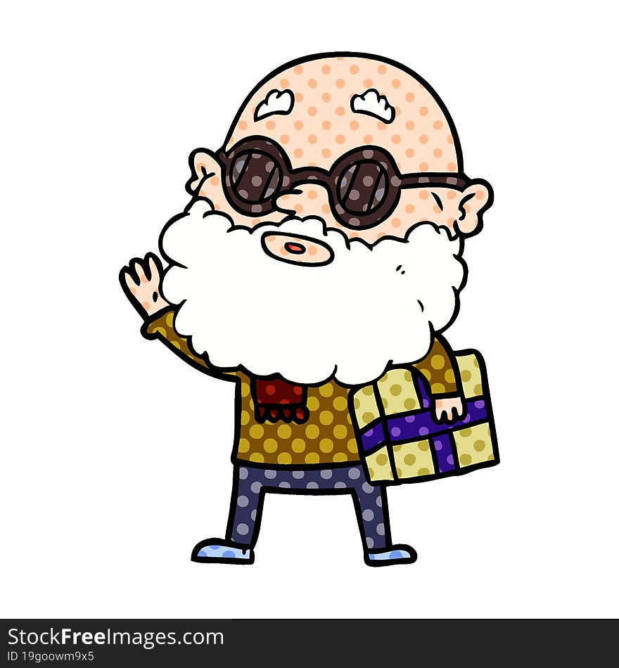 cartoon curious man with beard sunglasses and present. cartoon curious man with beard sunglasses and present