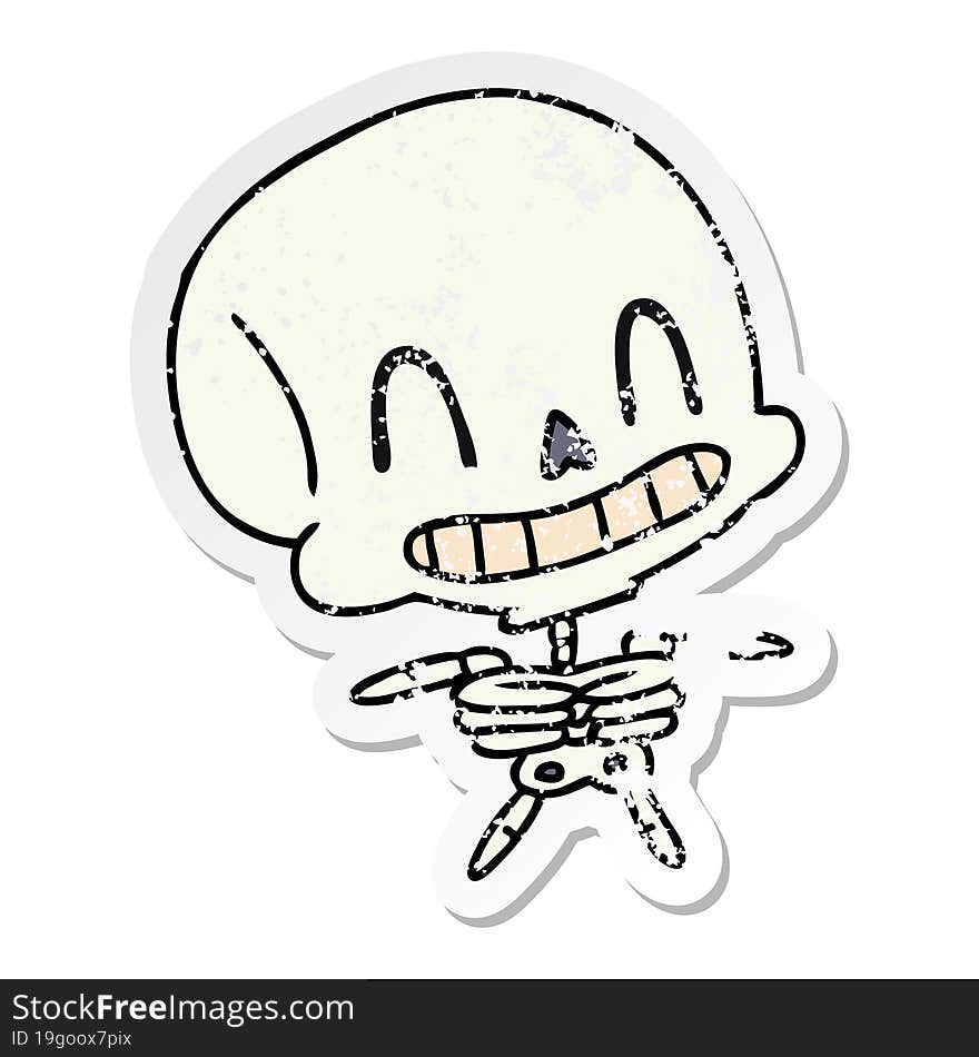 distressed sticker cartoon of spooky kawaii skeleton