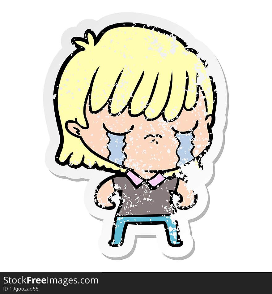 distressed sticker of a cartoon woman crying