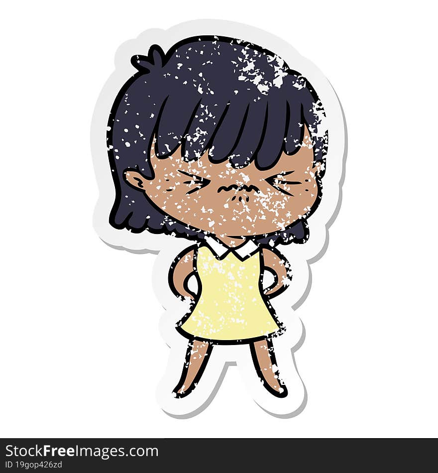 distressed sticker of a annoyed cartoon girl