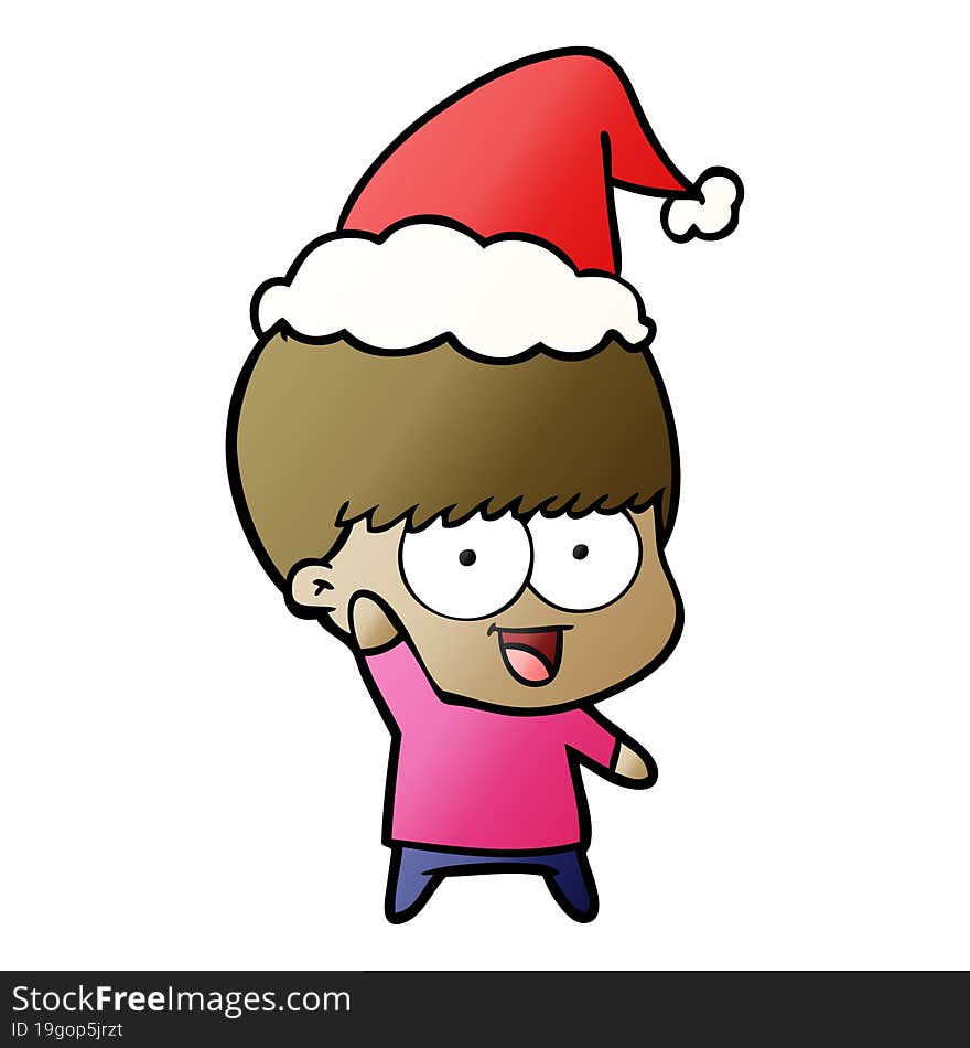 happy hand drawn gradient cartoon of a boy waving wearing santa hat. happy hand drawn gradient cartoon of a boy waving wearing santa hat