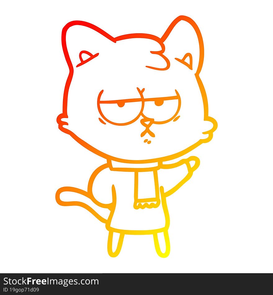 warm gradient line drawing bored cartoon cat in winter clothes