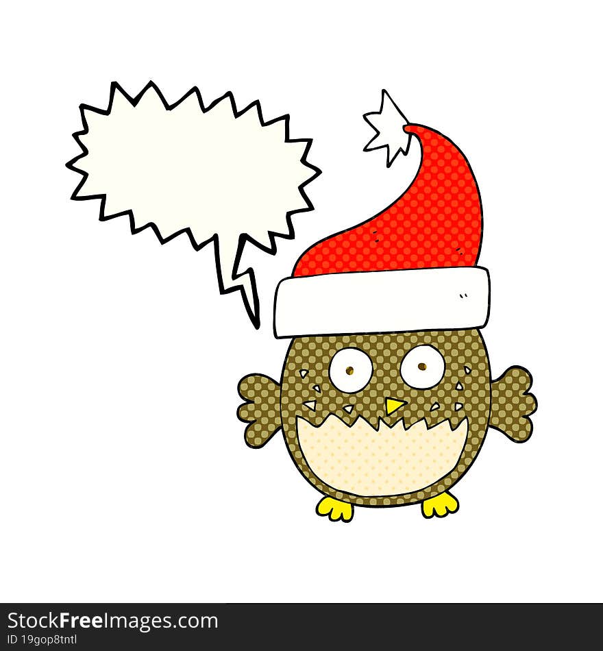 freehand drawn comic book speech bubble cartoon owl wearing christmas hat