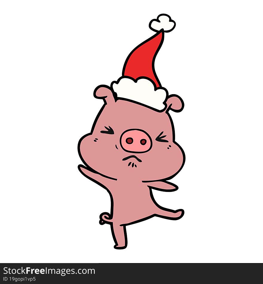 Line Drawing Of A Furious Pig Wearing Santa Hat