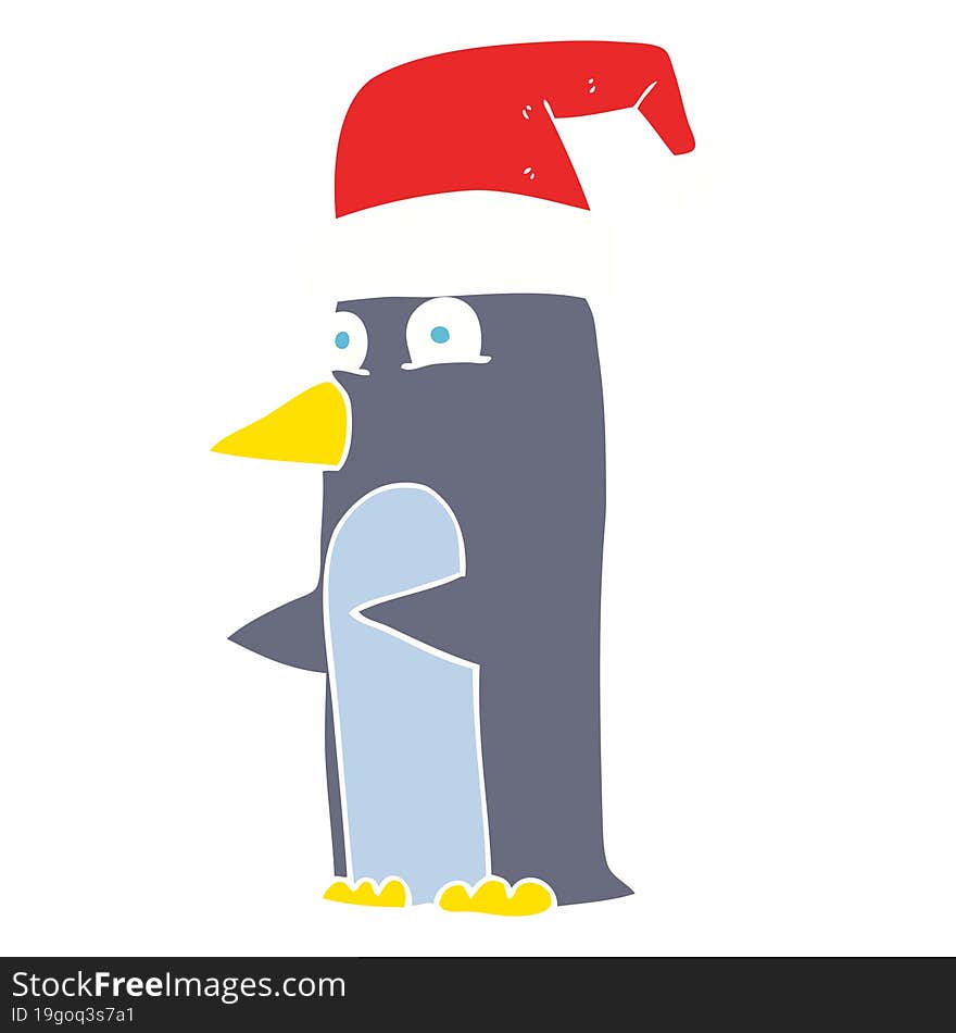 flat color illustration of a cartoon christmas penguin