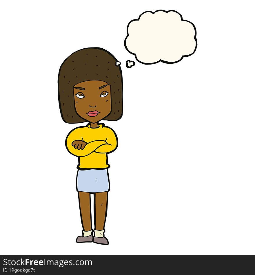 cartoon woman with crossed arms with thought bubble