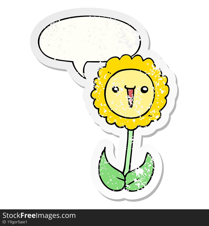 cartoon flower and speech bubble distressed sticker