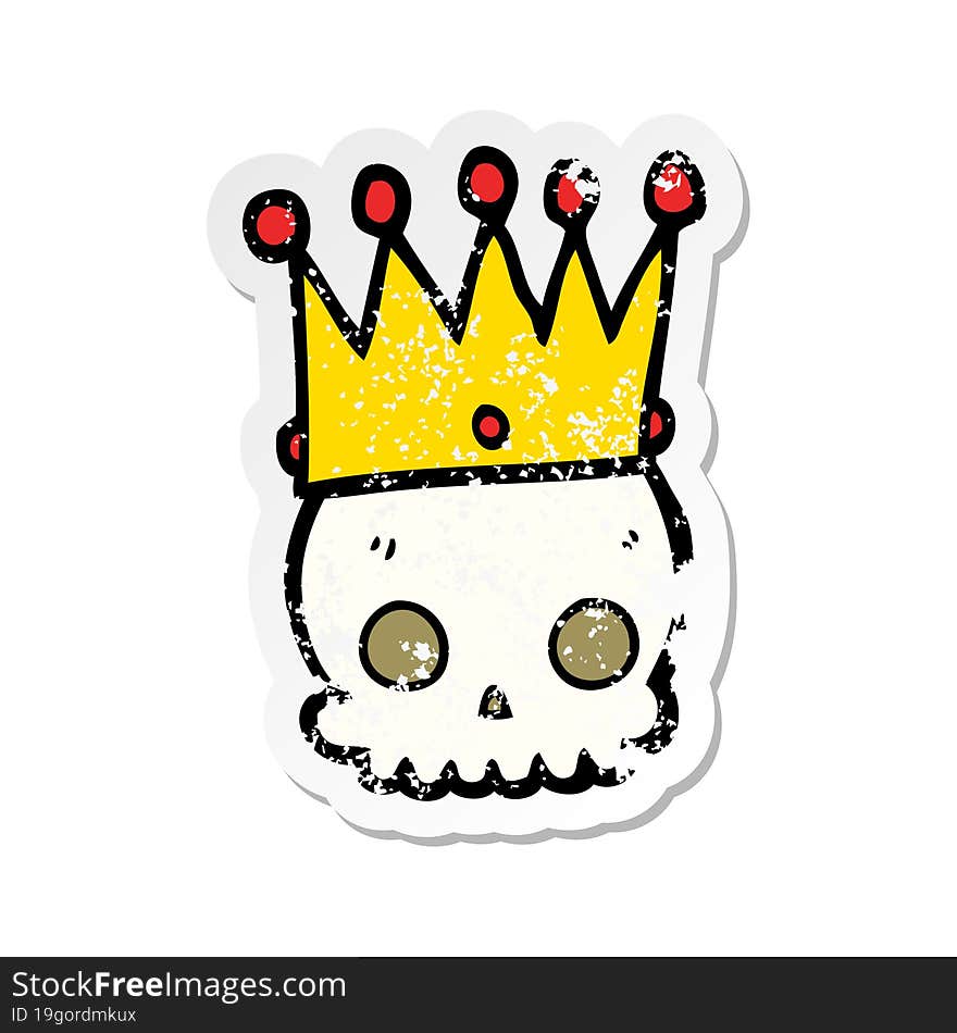 distressed sticker of a cartoon skull with crown