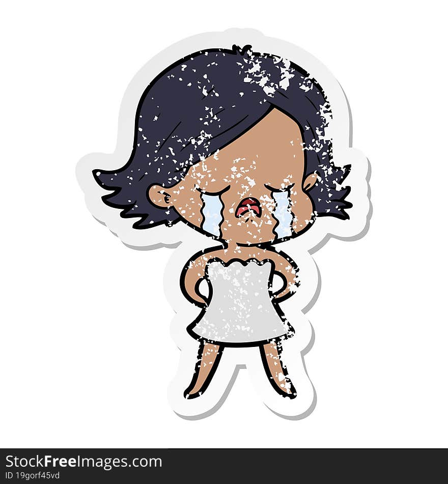 distressed sticker of a cartoon girl crying