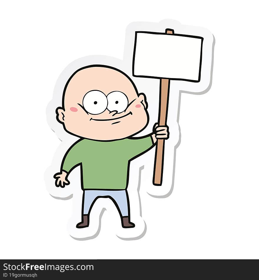 sticker of a cartoon bald man staring with sign