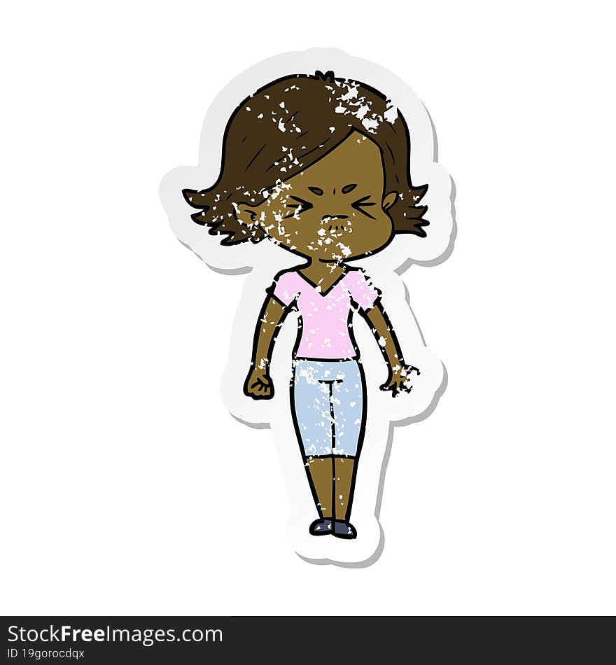 distressed sticker of a cartoon angry woman