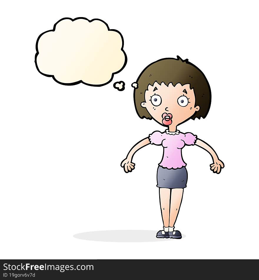 Cartoon Confused Woman Shrugging Shoulders With Thought Bubble