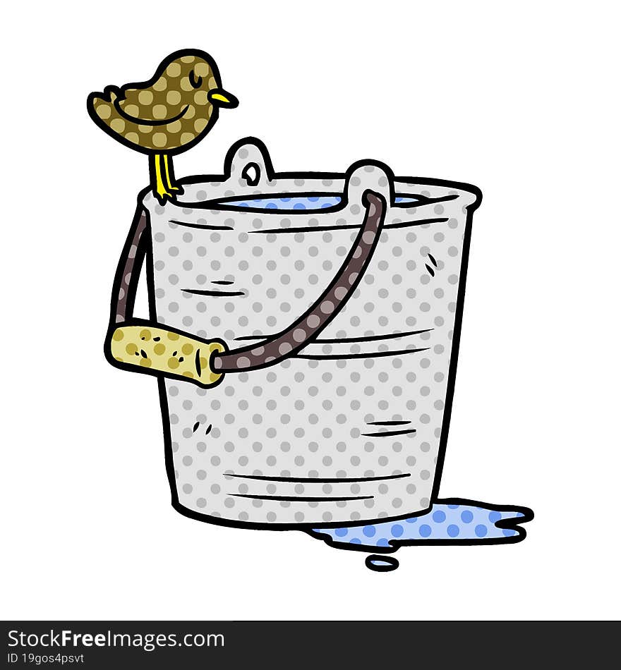 cartoon bird looking into bucket of water. cartoon bird looking into bucket of water