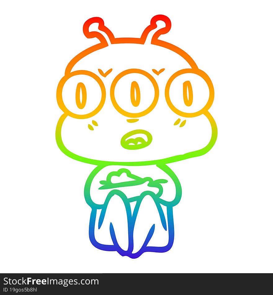 rainbow gradient line drawing cartoon three eyed alien