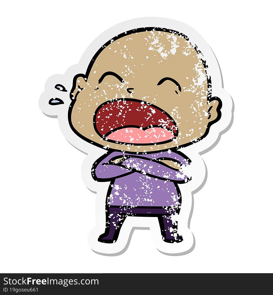 distressed sticker of a cartoon shouting bald man