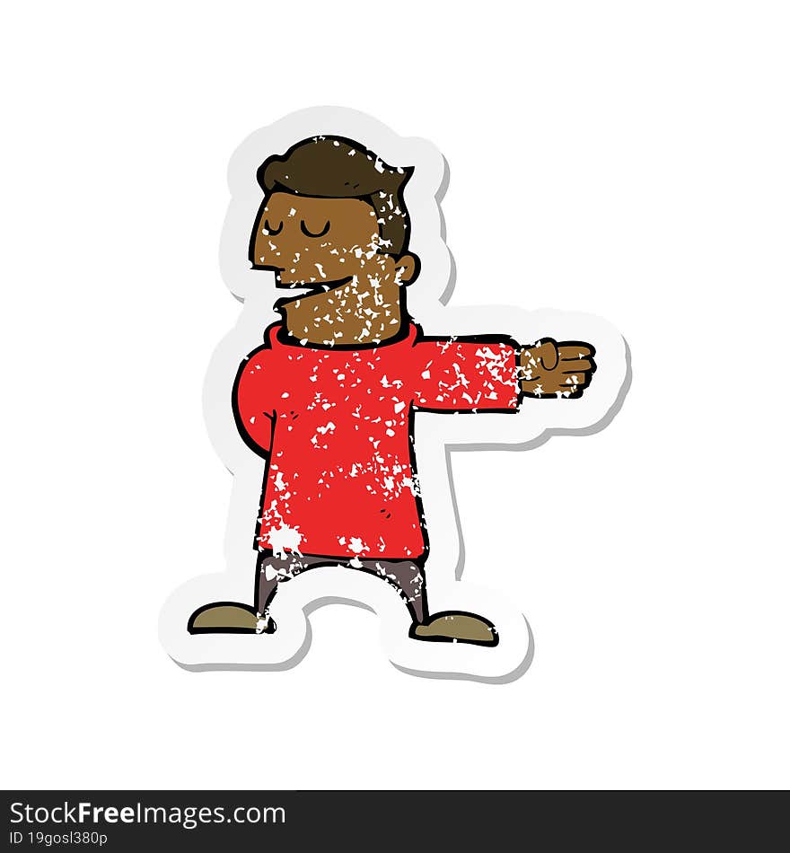 Retro Distressed Sticker Of A Cartoon Man Gesturing Direction