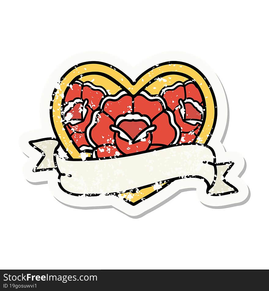 distressed sticker tattoo in traditional style of a heart and banner with flowers. distressed sticker tattoo in traditional style of a heart and banner with flowers