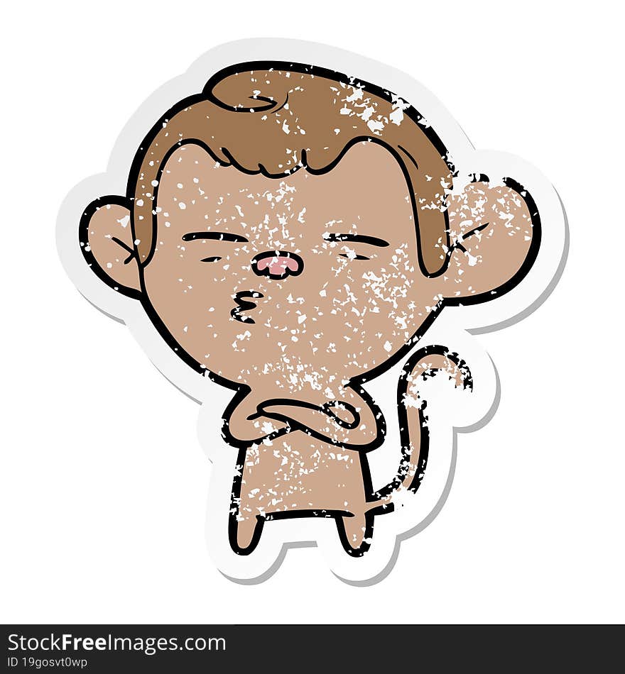 distressed sticker of a cartoon suspicious monkey