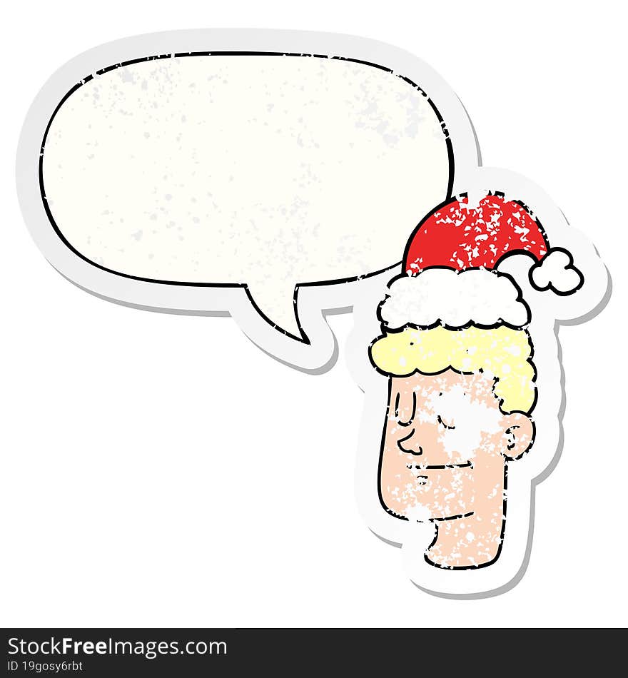 cartoon man wearing christmas hat and speech bubble distressed sticker