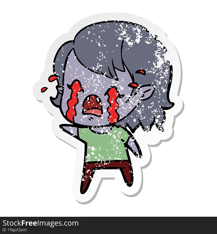 distressed sticker of a cartoon crying vampire girl