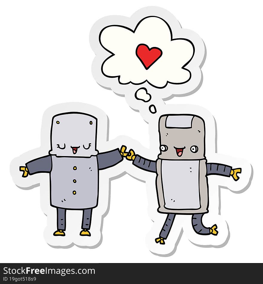 cartoon robots in love and thought bubble as a printed sticker