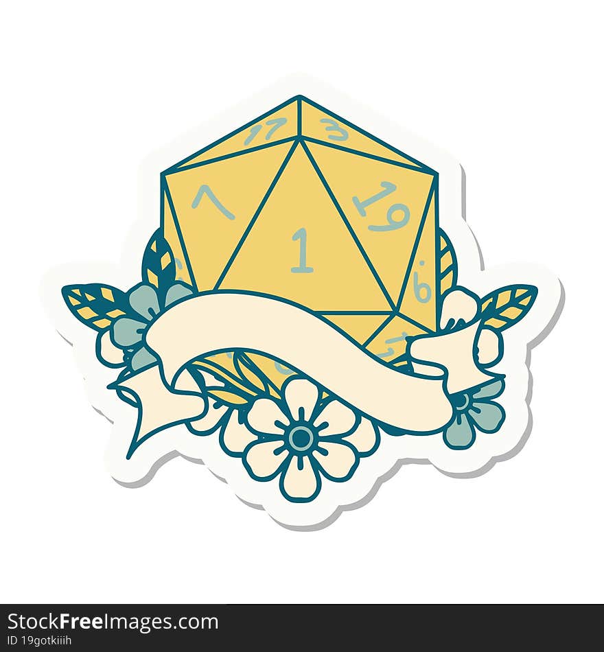 sticker of a natural one d20 dice roll. sticker of a natural one d20 dice roll