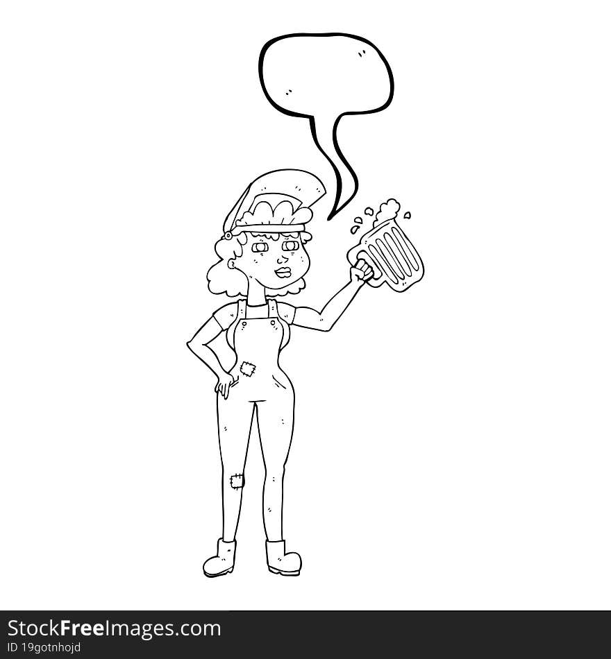 freehand drawn speech bubble cartoon hard working woman with beer