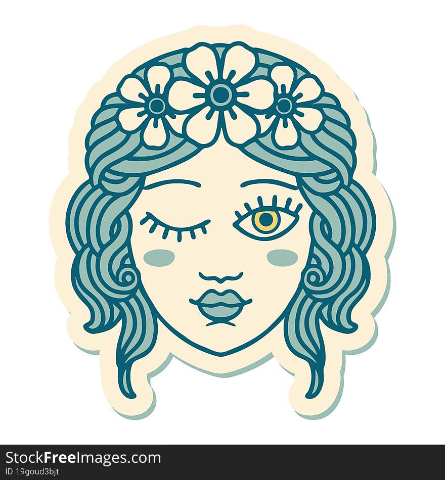 sticker of tattoo in traditional style of a maidens face winking. sticker of tattoo in traditional style of a maidens face winking