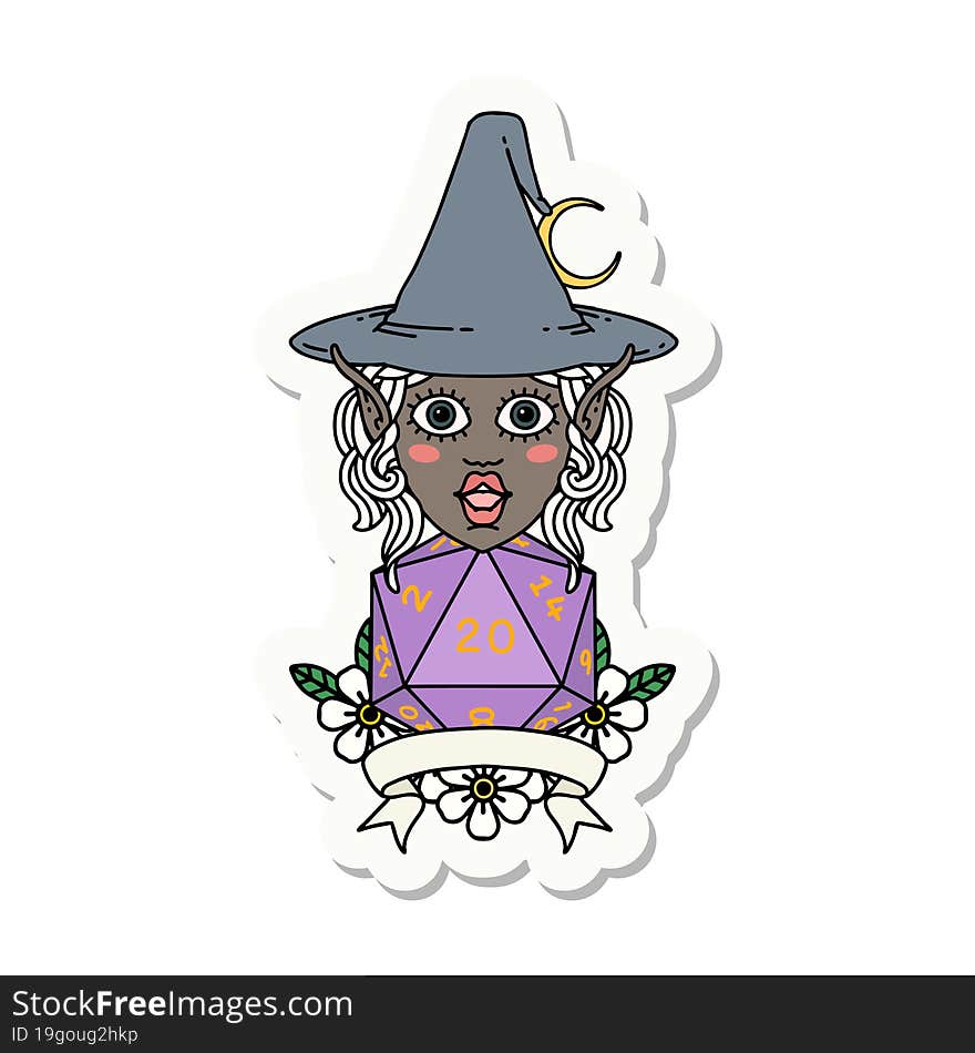 sticker of a elf mage character with natural twenty dice roll. sticker of a elf mage character with natural twenty dice roll