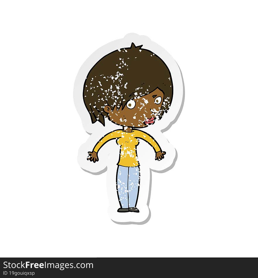 retro distressed sticker of a cartoon woman shrugging