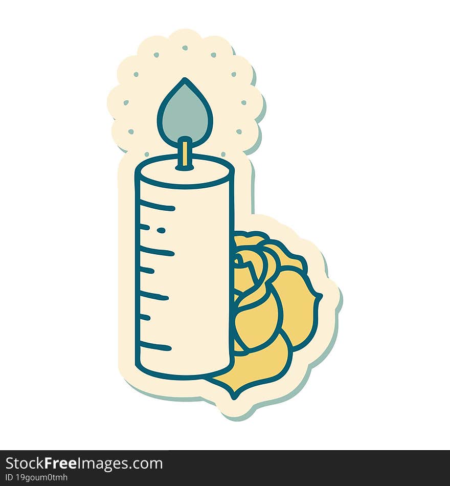 sticker of tattoo in traditional style of a candle and a rose. sticker of tattoo in traditional style of a candle and a rose