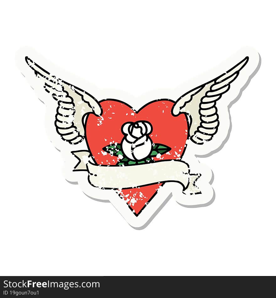 distressed sticker tattoo in traditional style of heart with wings a rose and banner. distressed sticker tattoo in traditional style of heart with wings a rose and banner